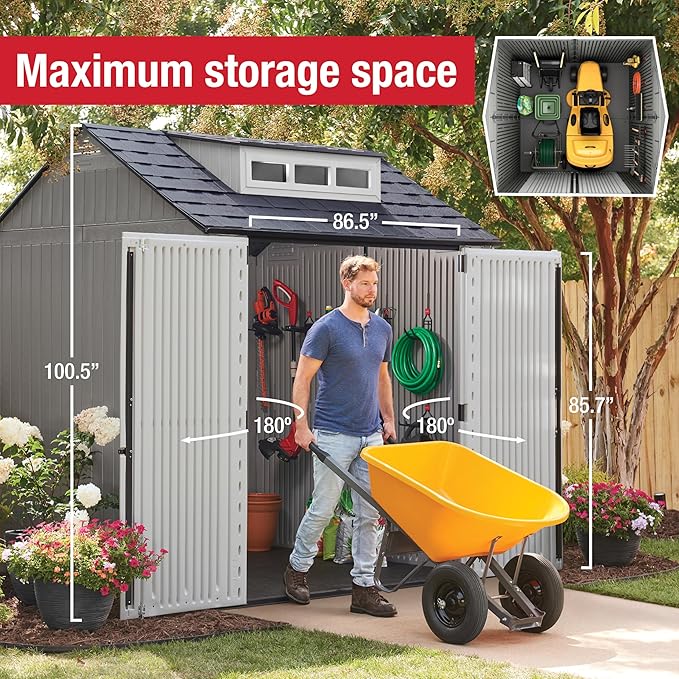Rubbermaid Resin Outdoor Storage Shed With Floor (7 x 7 Ft) Weather Resistant Gray Organization for Home/Backyard/Garden Tools/Lawn Mower/Bike Storage/Pool Supplies-VerdiqueGarden