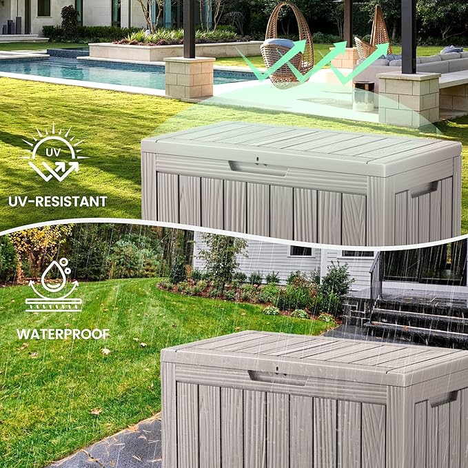 45 Outdoor Storage Box, Waterproof Resin Deck Box with Side Handles, Lockable Outdoor Bench for Indoor & Outdoor Use, Storage Bin for Patio Cushions, Garden Tools, Package Delivery, Grey-VerdiqueGarden