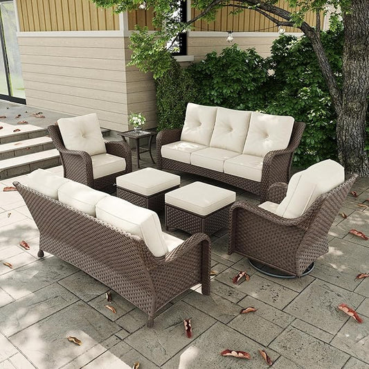 7 Pieces Outdoor Patio Furniture Sets with Rocking Swivel Chairs with 6-inch Thick Cushion and Side Table for Deck Lawn-VerdiqueGarden