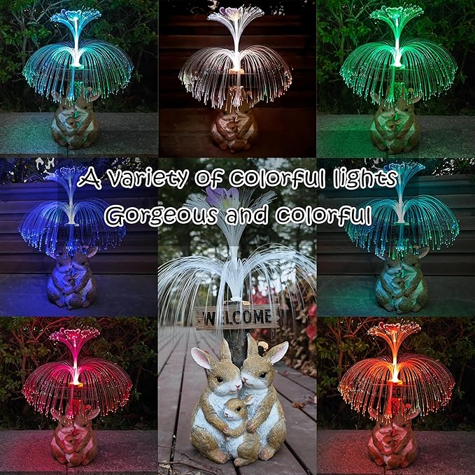 Solar Rabbit Garden Statues,Resin Rabbit Family Figurine with Welcome Card and 7-Color Changing Optical Fiber with Solar Lights, Lawn Decor Outdoor Statue for Patio,Balcony,Yard,Lawn-VerdiqueGarden