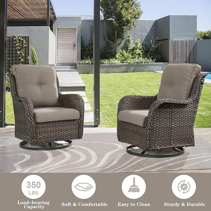 Outdoor Swivel Rcoker Patio Chairs - Outdoor Swivel Patio Chairs Set of 2 Wicker Chair Patio Furniture Sets with Covered Cushion for Porch Deck Balcony Garden, Gray-VerdiqueGarden