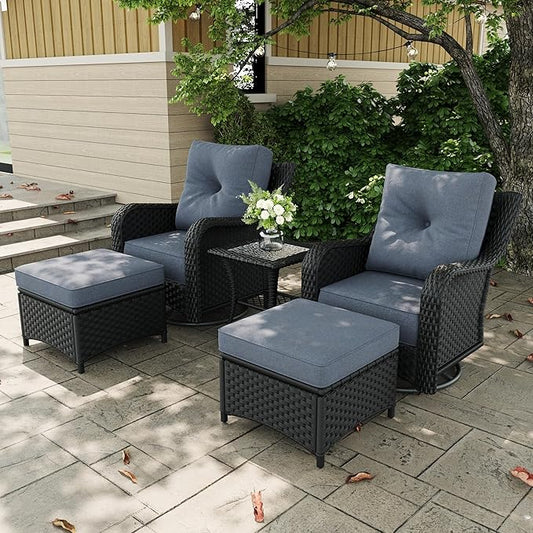 5 Pieces Outdoor Patio Furniture Sets with Rocking Swivel Chairs with 6-inch Thick Cushion and Side Table for Deck Lawn-VerdiqueGarden