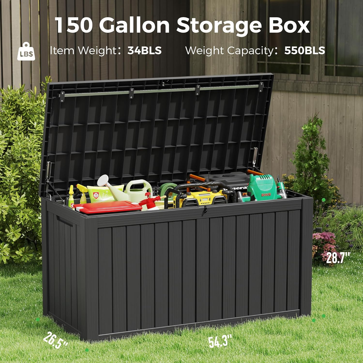 150 Gallon Resin Deck Box, Large Indoor and Outdoor Storage Box, Weatherproof and UV Resistant Outdoor Storage Box with Built-in Steel Beams for Patio, Cushions, Pool Supplies-VerdiqueGarden