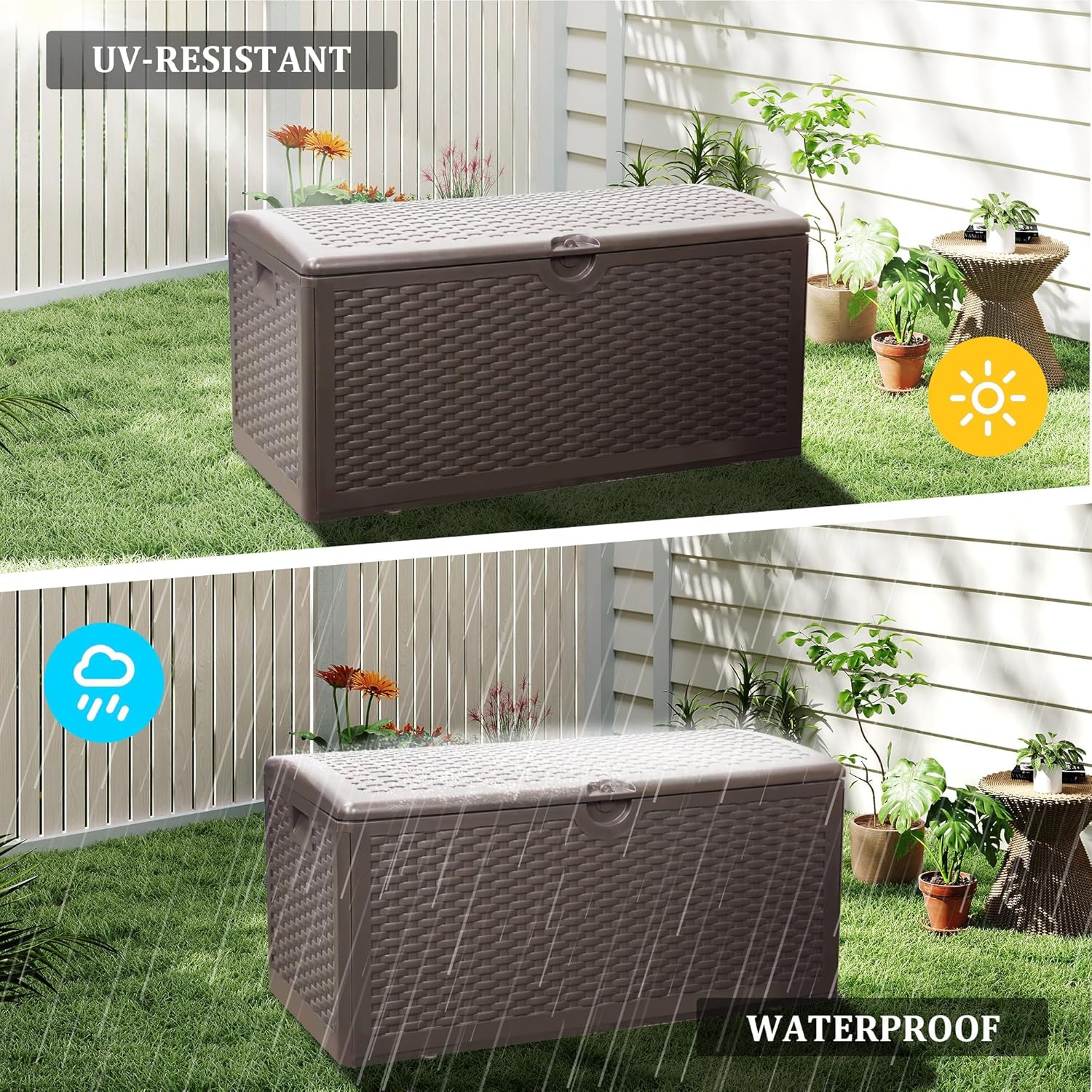 180 Gallon Lockable Deck Box, Waterproof & UV-Resistant Outdoor Storage for Patio Cushions, Heavy Duty Resin Deck Storage Container, Coffee-VerdiqueGarden