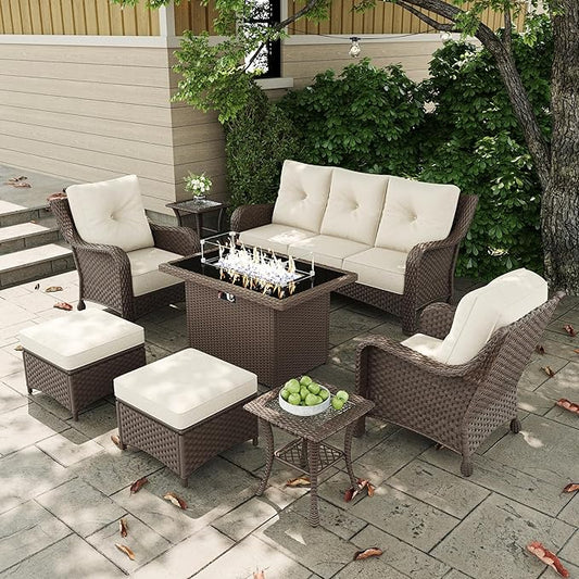 7 Pieces Outdoor Patio Furniture Sets with Single Chairs with 6-inch Thick Cushion and Fire Pit Table for Deck Lawn-VerdiqueGarden