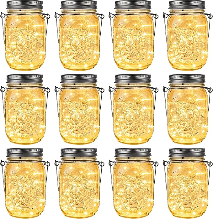 GIGALUMI Solar Mason Jar Lights, 12 Pack 30 Led String Fairy Lights Garden Lights Outdoor Waterproof Metal Lid Hanging Solar Lanterns for Outdoor, Garden, Patio, Lawn, Balcony Decoration-VerdiqueGarden