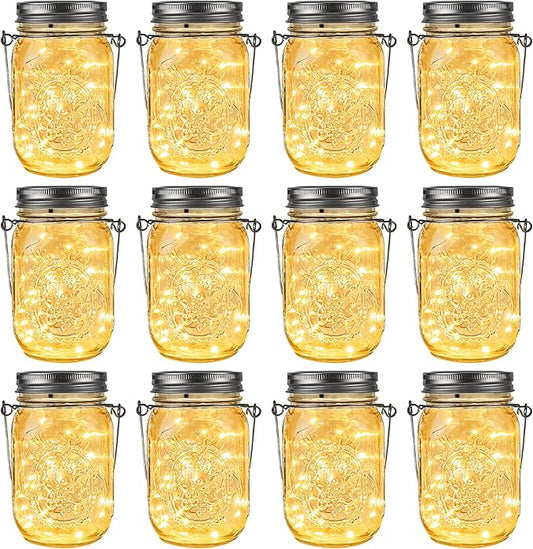 GIGALUMI Solar Mason Jar Lights, 12 Pack 30 Led String Fairy Lights Garden Lights Outdoor Waterproof Metal Lid Hanging Solar Lanterns for Outdoor, Garden, Patio, Lawn, Balcony Decoration-VerdiqueGarden