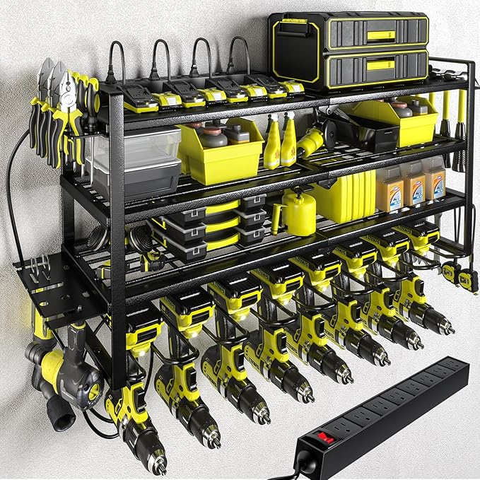 KAFAHOM Power Tool Organizer with Charging Station.Garage 8 Drill Holder Built in 8 Outlets Power Strip,Tool Storage Shelf Wall Mount,Tool Battery Organizer with Screwdriver/Hammer/Air Tool Rack-VerdiqueGarden