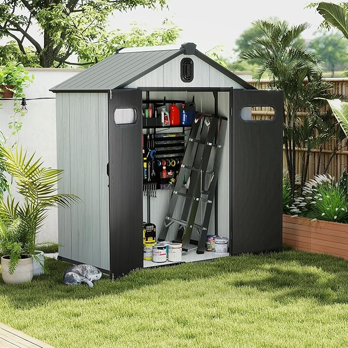 Domi 6x4FT Outdoor Resin Storage Shed with Transparent Windows & Louvered Vents, Plastic Tool Shed with Double Lockable Doors & Gable Roof, Outside Garden Shed for Backyard, Patio, Lawn, Grey-VerdiqueGarden