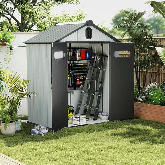 Domi 6x4FT Outdoor Resin Storage Shed with Transparent Windows & Louvered Vents, Plastic Tool Shed with Double Lockable Doors & Gable Roof, Outside Garden Shed for Backyard, Patio, Lawn, Grey-VerdiqueGarden