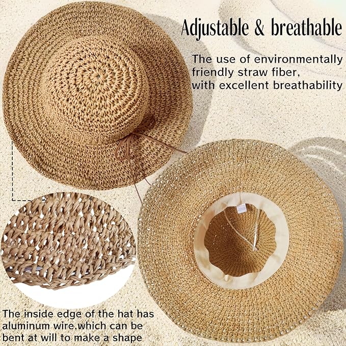 Womens Straw Beach Sun Hats, Foldable Packable Floppy Handmade Crochet Hats for Women,Large Summer Vacation Wide Brim Hat-VerdiqueGarden