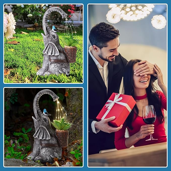 Solar Elephant Watering Effect LED Lights Garden Statue, Outdoor Garden Decor for Lawn, Balcony, Yard, Gifts for Mom, Grandma, Wife-VerdiqueGarden