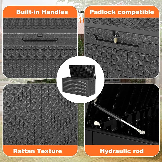 100 Gallon Waterproof Outdoor Storage Box,Resin Deck Box,Lockable Outside Storage Box Container for Patio Furniure,Garden,Pool Tools (100 Gallon,Black pattern)-VerdiqueGarden