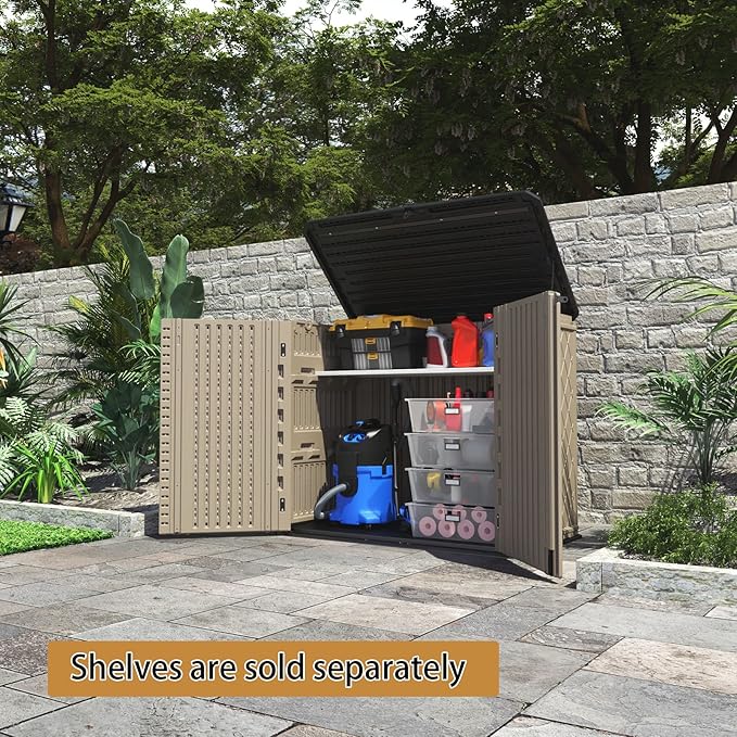 HOMSPARK Storage Shed Weather Resistance, Multi-Purpose Outdoor Storage Cabinet for Backyards and Patios, Horizontal Storage Shed for Lawnmower, Patio Accessories (Coffee, Large - 26 cu.ft)-VerdiqueGarden
