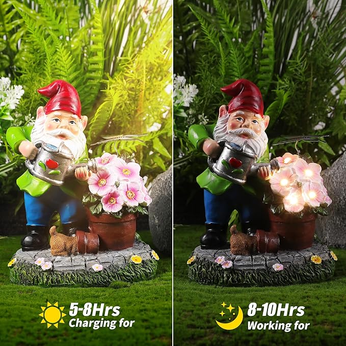 Gnome Figurine Garden Decor, Solar Resin Gnomes Outdoor Statue, Funny Gnome Gift Sculpture Decoration for Home Patio Yard Lawn Porch Ornament-VerdiqueGarden