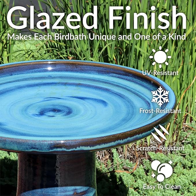 Sunnydaze 21" H Ceramic Bird Bath for Outside - Hand-Painted Outdoor Bird Bath Bowl, UV/Frost-Resistant Finish - Galaxy Blue - Ribbed Pedestal-VerdiqueGarden