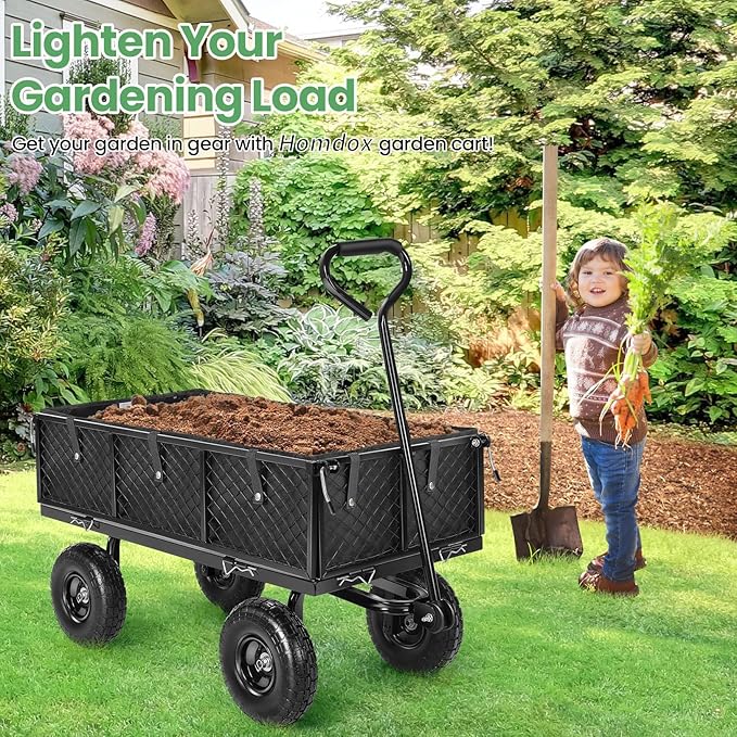 Homdox MAX 880LB Garden Cart, Heavy Duty Garden Wagon, Mesh Foldable Garden Cart, Pullable Gardens Wagon with 180° Rotating Handle, Collapsible Garden Carts for Yard Beach Farm, Black with Bag-VerdiqueGarden
