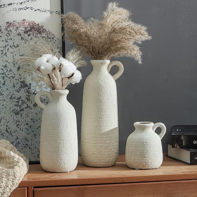 Ceramic Vase Set of 3 with Handle, Neutral Rustic Vases Home Decor Farmhouse Decorative Vase Whitewashed Pottery Decor Modern for Table Mantel Entryway Bookshelf Living Room Kitchen Bedroom - White-VerdiqueGarden