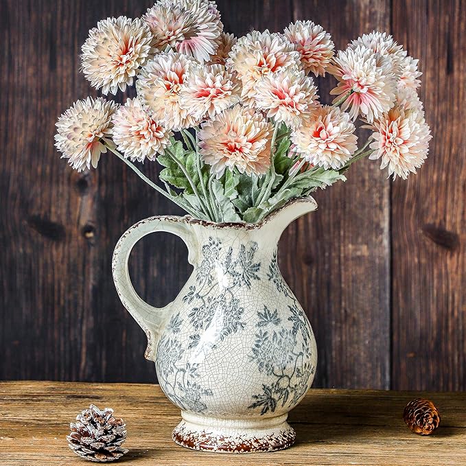 Enra Large Vintage Blue and White and Pitcher for Home Decor, 9.7 Inch Rustic Chinoiserie Decorative Vases, Green and Beige Ceramic Vases for Living Room, Kitchen, Office – Large Vases for Decor-VerdiqueGarden