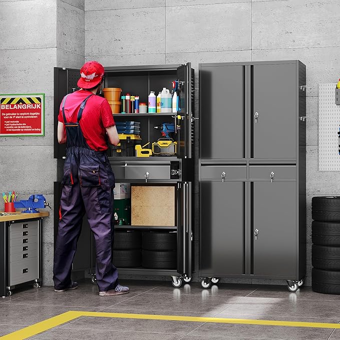 Metal Garage Storage Cabinet with Locking Doors and 2 Adjustable Shelves, Rolling Tool Storage Cabinet with 4 Wheels and 2 Drawer for Garage, Warehouse, Black, Assembly Required-VerdiqueGarden