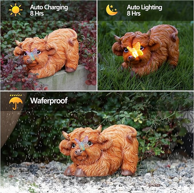Highland Cow Solar Powered Outdoor Garden Statue, Resin Highland Cow Statue with Solar Light Lantern, Decorative Lawn, Yard Outdoor Highland Cow Decor. Unique home decorations, gifts for women-VerdiqueGarden