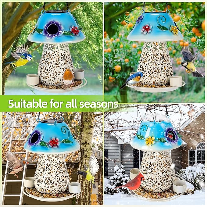 Mushroom Solar Bird Feeders for Outdoors Hanging Metal Wild Bird Feeder Garden Lantern with S Hook for Garden Decoration Blue-VerdiqueGarden