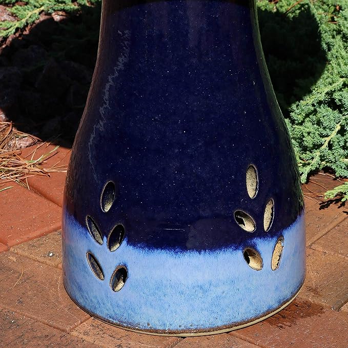 Sunnydaze 21" H Ceramic Bird Bath for Outside - Hand-Painted Outdoor Bird Bath Bowl, UV/Frost-Resistant Finish - Dark Blue - Cut Out Pedestal-VerdiqueGarden