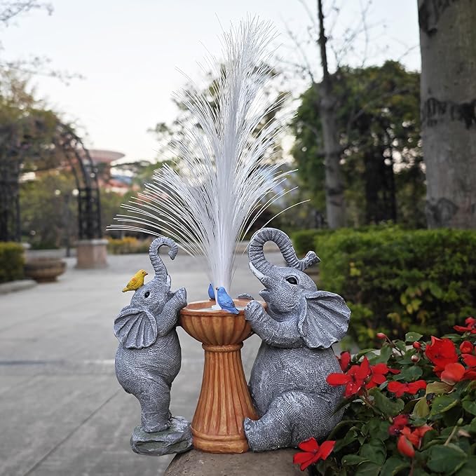 Elephant Statue Solar Garden Decor,Resin Elephant Statue and Colour Changing Optical Fiber Solar Lights,Outdoor Decor for Balcony, Garden, Patio, Yard, Lawn, Gifts for Mom Grandma-VerdiqueGarden