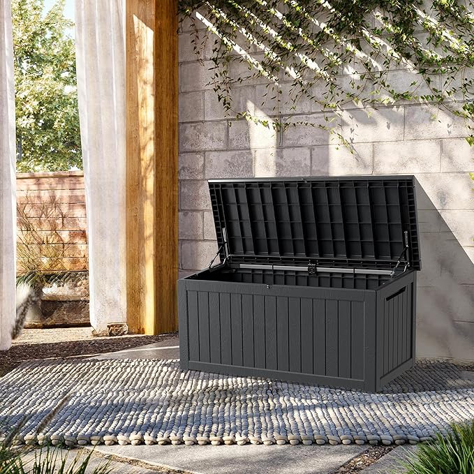 200 Gallon Lockable Resin Deck Box, Waterproof & UV-Resistant Outdoor Storage Box for Outdoor Cushion Storage, Garden Tools & Pool Accessories Storage, Black-VerdiqueGarden
