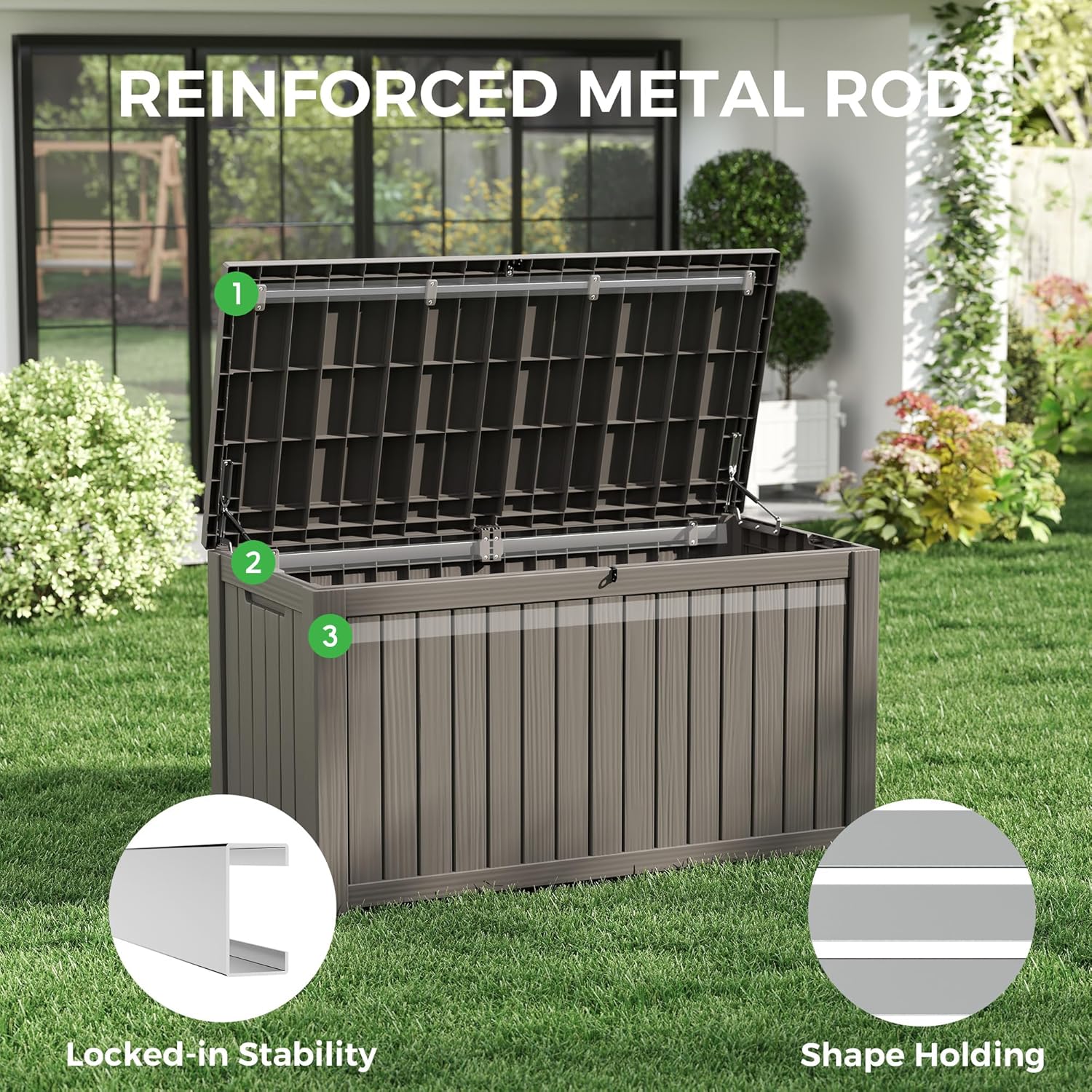 150 Gallon Resin Deck Box, Large Indoor and Outdoor Storage Box, Weatherproof and UV Resistant Outdoor Storage Box with Built-in Steel Beams for Patio, Cushions, Pool Supplies-VerdiqueGarden