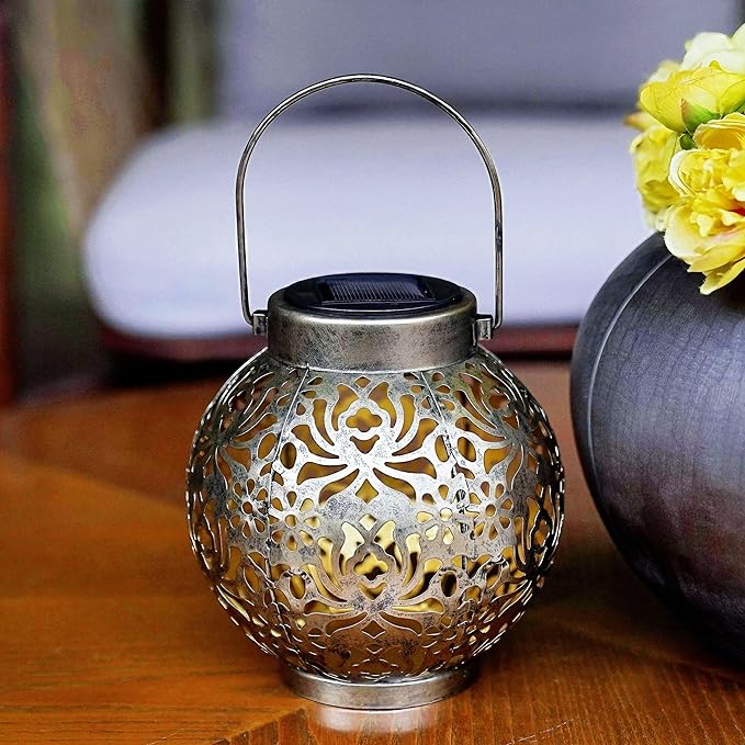 Set of 2 Outdoor Solar Hanging Lantern Lights Metal LED Decorative Lamp for Garden Patio Courtyard Lawn and Table with Hollowed-Out Design (Antique Bronze)-VerdiqueGarden