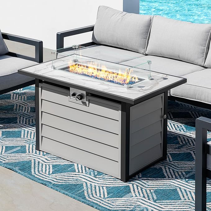 Nuu Garden 43'' Patio Propane Fire Pit Table, 50,000 BTU Gas Fire Pit with Marble-Textured Glass Top, Wind Guard, Lid, Glass Beads, CSA-Certified, 2-in-1 Outdoor Table for Gatherings, Ivory White-VerdiqueGarden