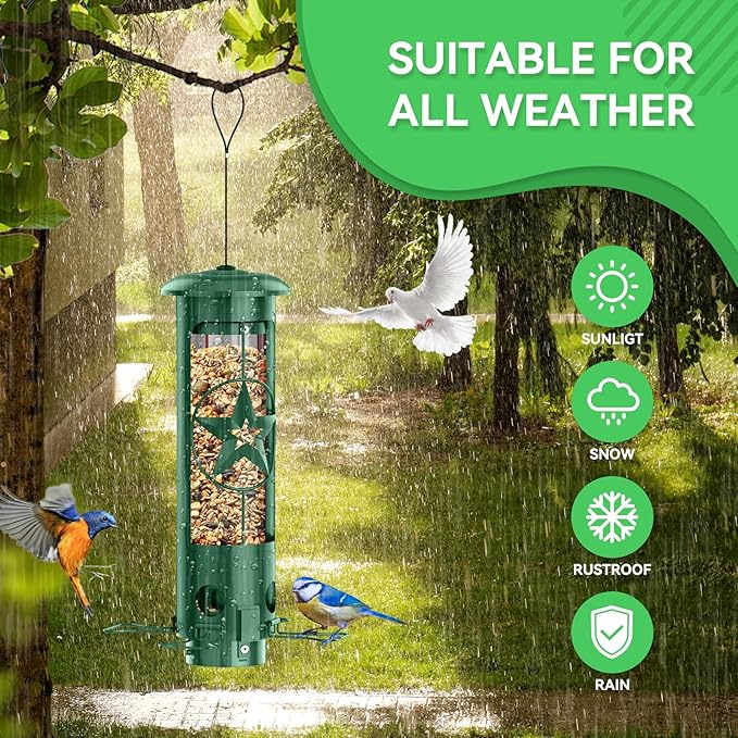 Squirrel Proof Bird Feeders for Outdoors Hanging, Metal Squirrel Proof Bird Feeder with Gravity Protection, 3LB Large Capacity Wild Bird Feeders for Outside Finch, Cardinal, Blue Jay (Green)-VerdiqueGarden