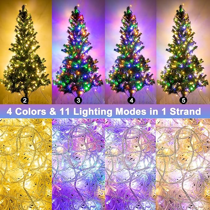 Decute 300LED Christmas Tree String Lights Outdoor Indoor 108FT Extendable, 11 Modes 4 Colors Changing Twinkle Fairy Lights with Timer Remote for Party Decor, Warm White & 3 Multicolors-VerdiqueGarden