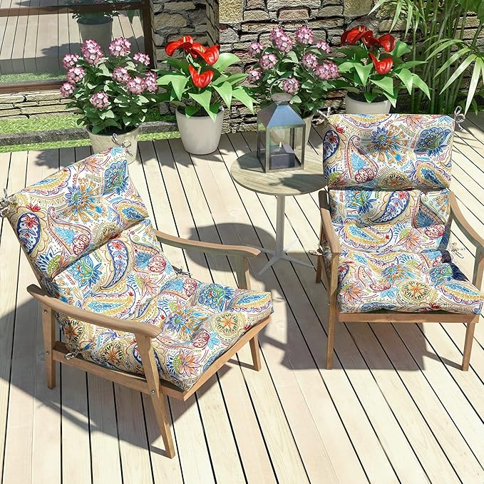 LVTXIII 2 Pack Outdoor/Indoor High Back Chair Cushions, Deep Seat Patio Seat and Back Cushion Set, Stuffed High Rebound Foam Rocking Chair Cushions, 44”x22”x4”, Paisley Chili-VerdiqueGarden