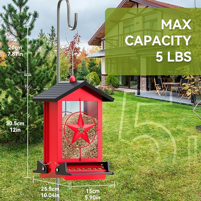 Squirrel Proof Bird Feeder for Outdoors Hanging, Metal Wild Bird Seed Feeder with Bilateral Weight-Activated Perches, 5LB Large Capacity Wild Bird Feeders for Outside Finch, Cardinal, Blue Jay-VerdiqueGarden