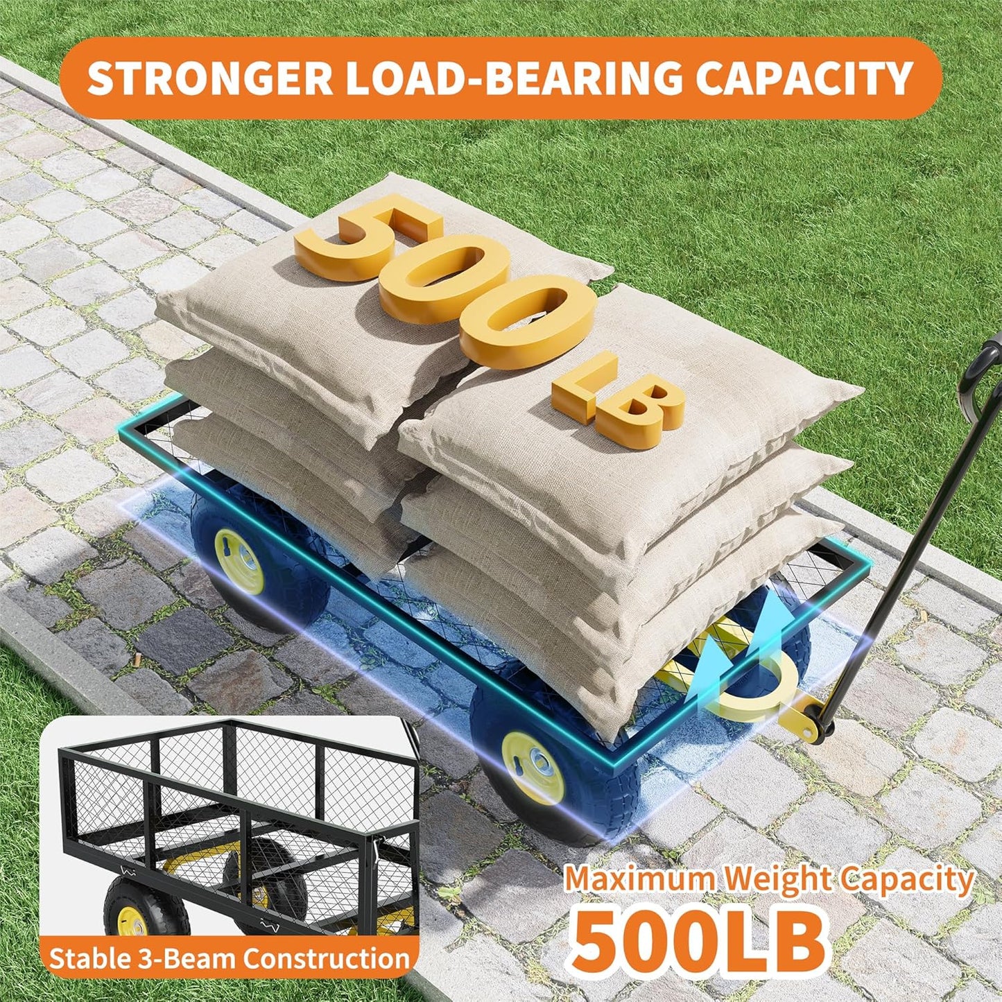 500 Lbs Garden Wagon, 2-in-1 Heavy-Duty Steel Garden Cart, with 10 Inch All-Terrain Tires and Removable Mesh Side Panels, 180° Rotating Handle, Metal Multi-Function Carts, Outdoor Gardens Wagon Cart-VerdiqueGarden