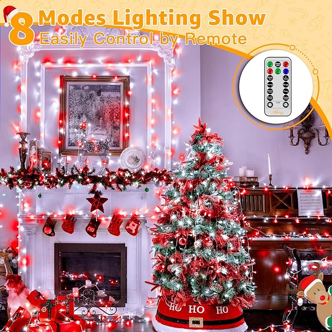 Ollny Christmas Lights Outdoor 800LED 262FT, Red and White Plug in Fairy Lights with Remote, 8 Modes Waterproof Timers Dimmable LED String Lights for Indoor House Outside Bedroom Patio Balcony-VerdiqueGarden