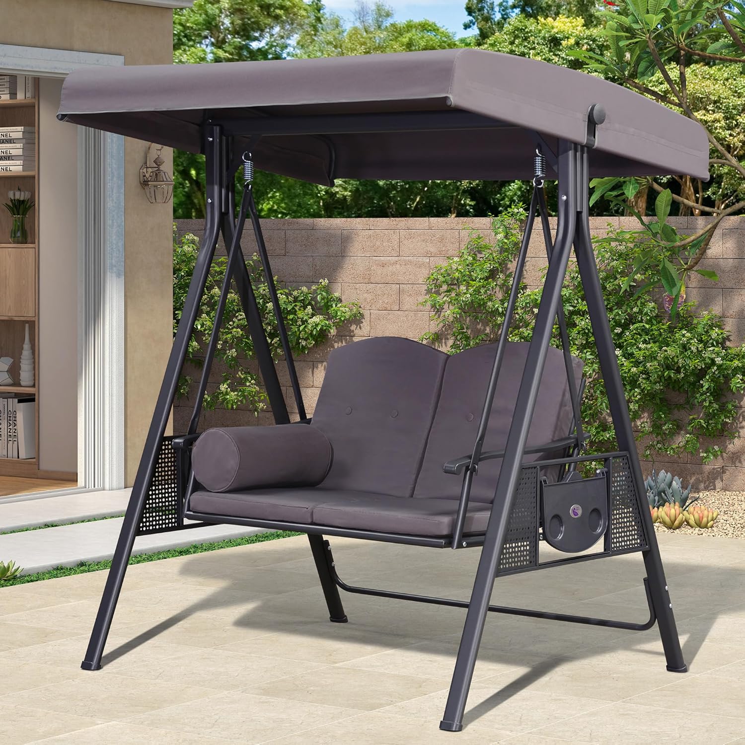 PURPLE LEAF Outdoor Patio Porch Swing with Stand, 2-seat Swing Chair with Adjustable Tilt Canopy All-Weather Steel Frame for Backyard Front Porch Lawn, Cushions and Pillow Included, Grey-VerdiqueGarden