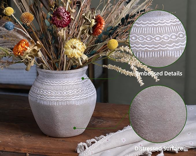 Quoowiit Ceramic Rustic Farmhouse Vase, Distressed Flower Vase for Home Decor, Boho Decorative Vases for Centerpiece Table Decorations, Vases for Living Room Kitchen Entryway Mantle Shelf Decor-VerdiqueGarden