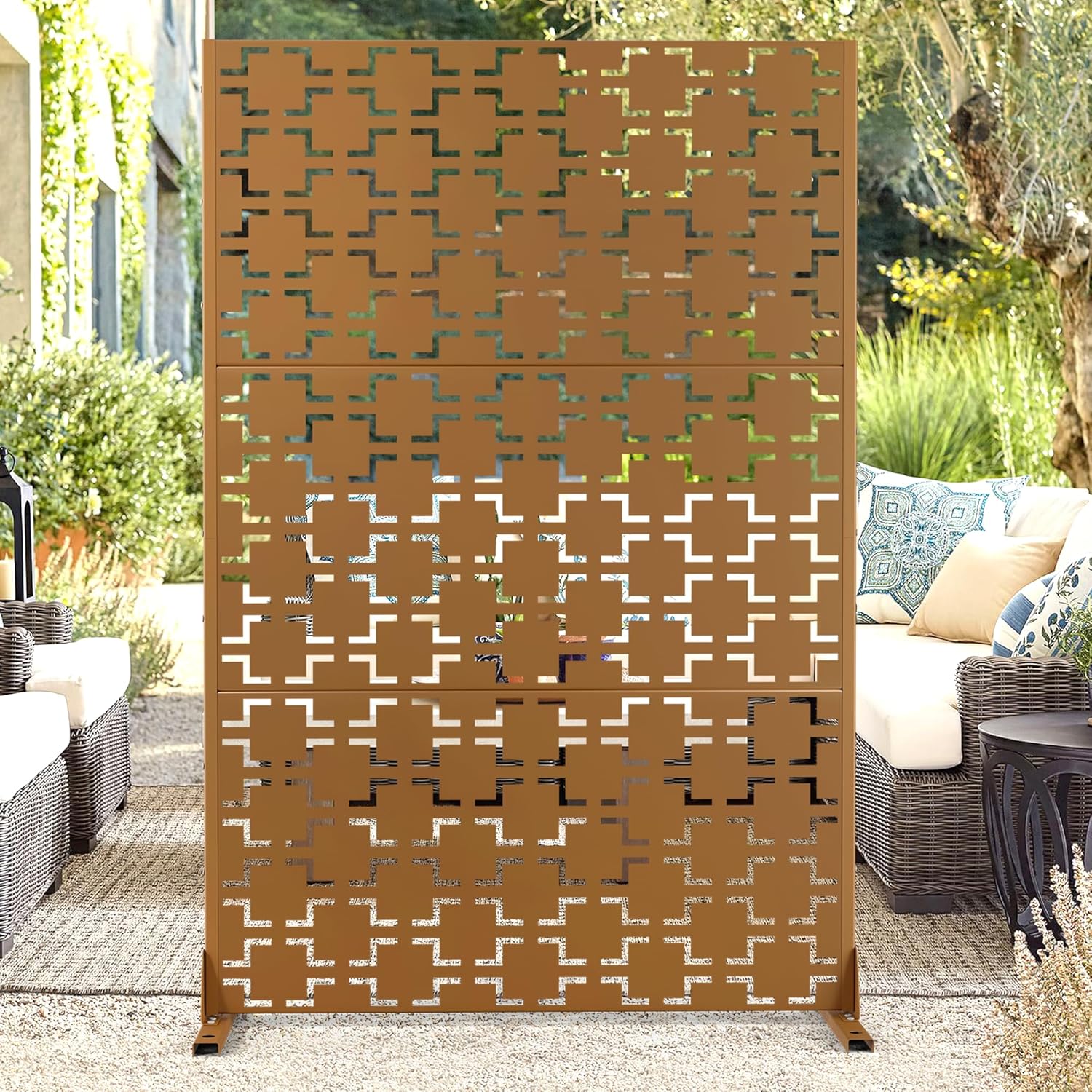 72" H47" W Metal Outdoor Privacy Screen - Freestanding, Decorative Fence (3 Panels)-VerdiqueGarden