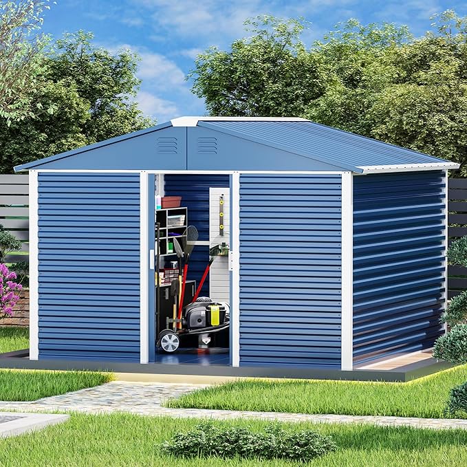 Metal Outdoor Storage Shed 10FT x 10FT, Steel Utility Tool Shed Storage House with Sliding Door, Metal Sheds Outdoor Storage for Backyard Garden Patio Lawn, Blue-VerdiqueGarden
