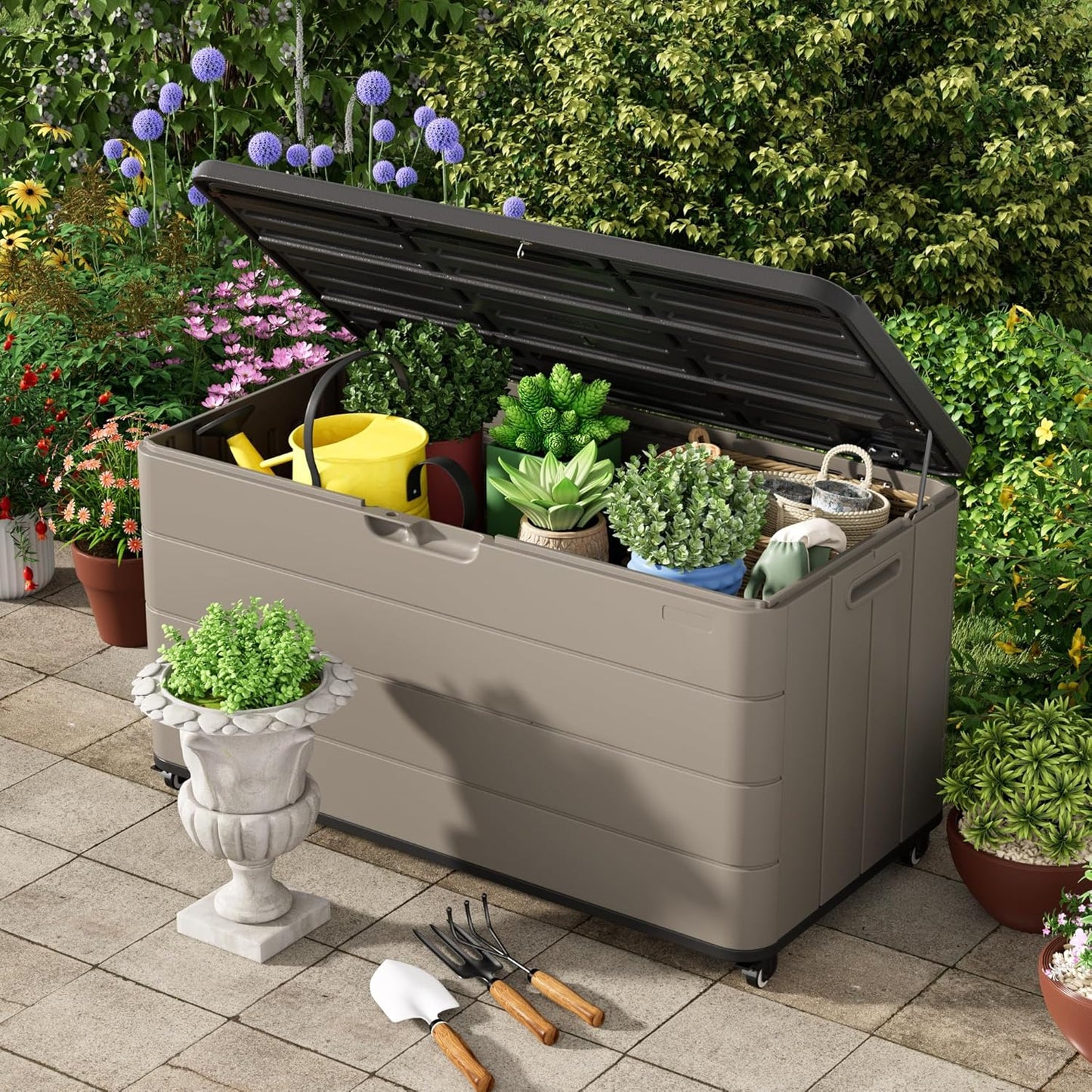 100GAL Brown Wicker-Textured Deck Box with Wheels – Lockable, Waterproof, UV-Resistant, Spacious Storage for Patio & Garden Supplies, Easy Handling-VerdiqueGarden