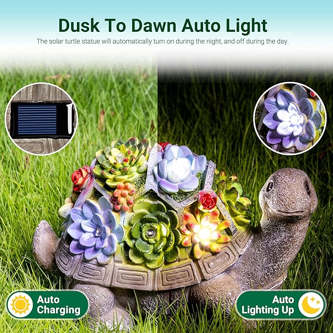 GIGALUMI Solar Garden Statues Turtle Figurine Lights for Outside, Yard Decorations Outdoor, Garden Decor Unique Birthday Housewarming Gifts for Mom, Women for Mothers Day-VerdiqueGarden