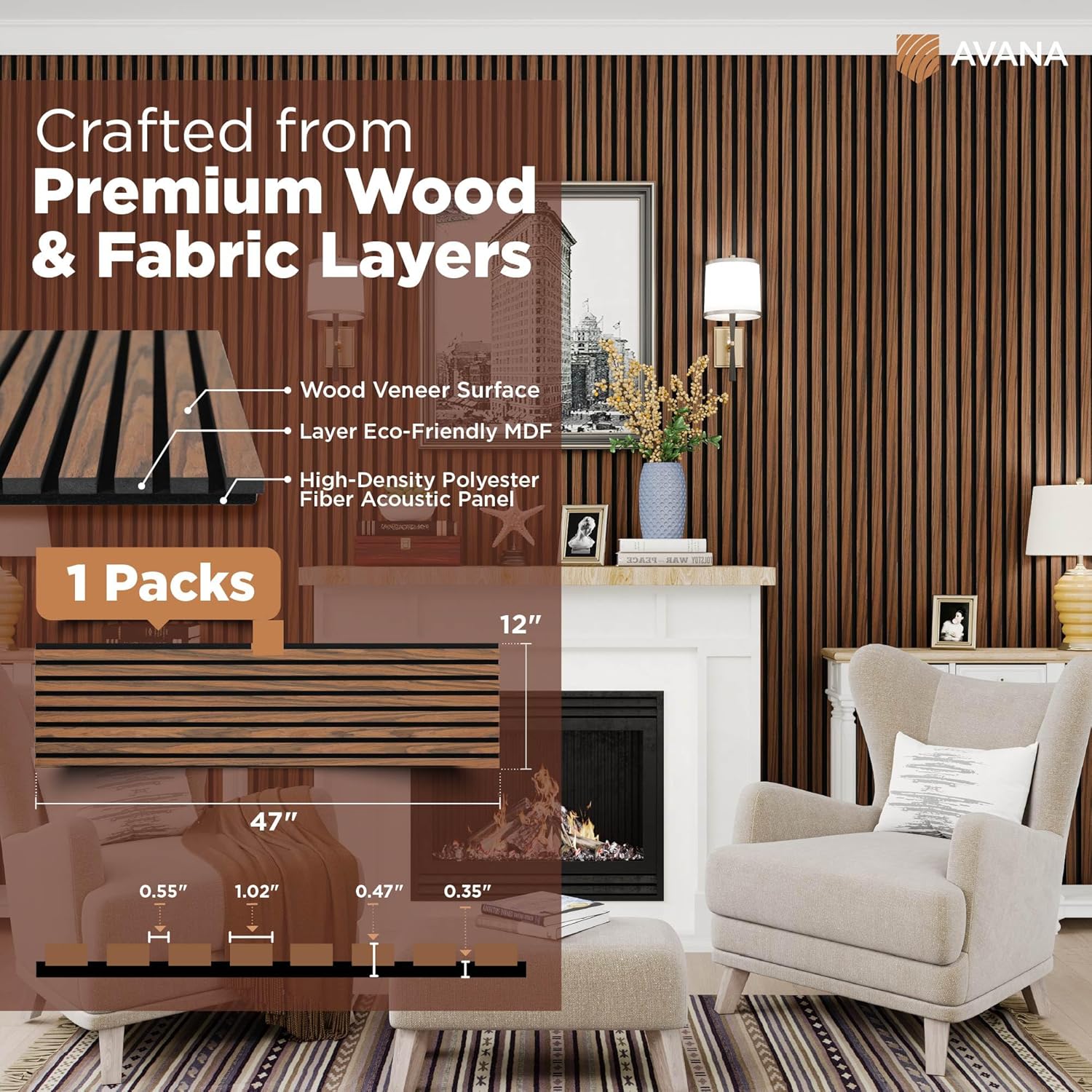 Avana Acoustic Wood Wall Panels – 47.2 X 12.6 Inch Walnut Acoustic Panels 1 PC – Wall Panels For Interior Wall Decor For Homes, Offices, Studios – Sturdy And Durable Wood Panels For Wall-VerdiqueGarden