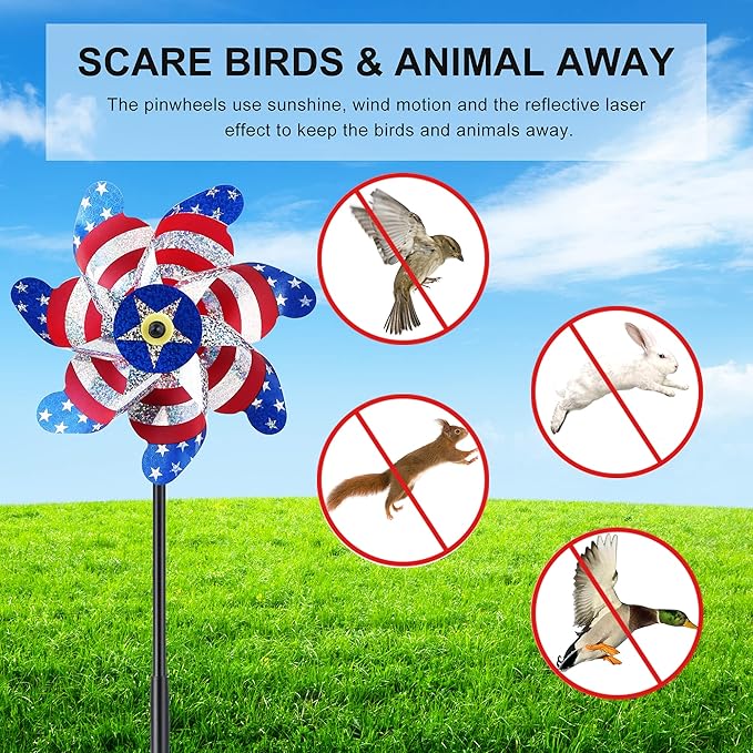 BATTIFE 10 Packs Patriotic Sparkly Reflective Pinwheels for Yard and Garden, American Flags Blinding Birds Pin Wheel Scare Birds & Animal Away, Wind Spinner for 4th of July-VerdiqueGarden