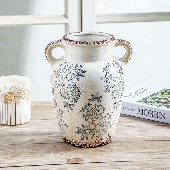 Enra Vintage vase with Handle,9.4 inch Blue and White Ceramic Decorative Flower vase, Chinoiserie Floral Vase,Large Rustic Vases for Home Decors, Living Room, Bookshelf, Office-VerdiqueGarden