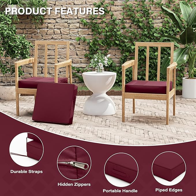 Patio Chair Cushions 17 X 16 X 3 Inch Waterproof Outdoor Seat Cushions for Patio Furniture, Outdoor Sofa Couch Pads with Ties & Handle, Set of 2, Burgundy-VerdiqueGarden