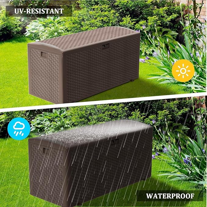 180 Pro Gallon Deck Box,Outdoor Storage Box Lockable,Waterproof for Patio Furniture, Garden Tools, Pool Accessories, Package Delivery Boxes For Outside, Brown-VerdiqueGarden