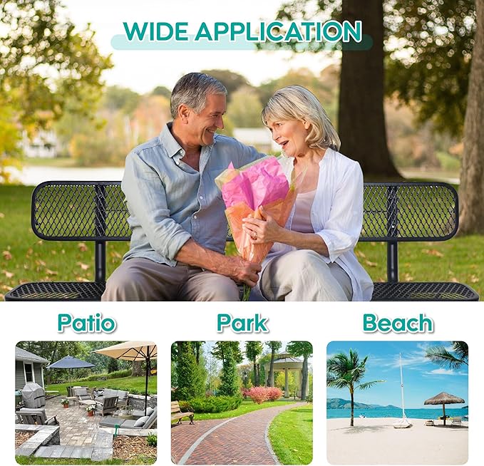 6 FT Heavy Duty Park Bench, Outdoor Metal Black Bench with Back-Commercial Steel Benches for Outside, 2-4 Person Seat-Garden Benches with Portable Frame for Outdoors-VerdiqueGarden